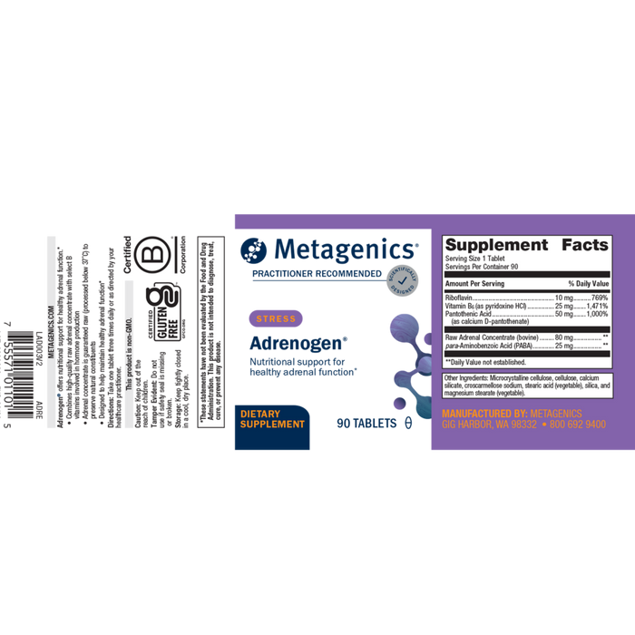 Adrenogen 90 Tablets Supplement Facts Label