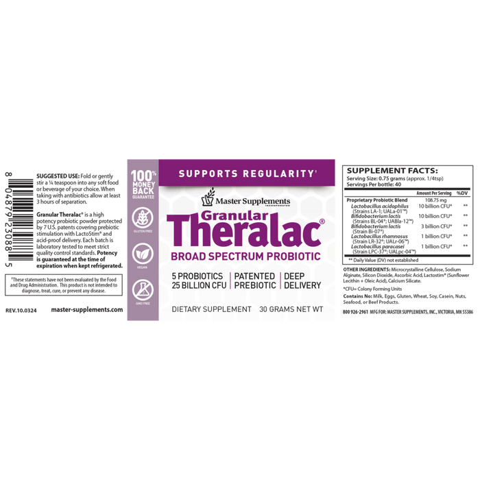 Theralac Granular Supplements label on a white background