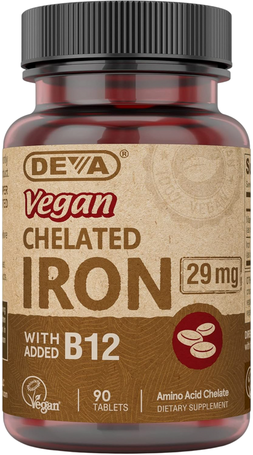 A bottle of Deva Vegan Chelated Iron 29 mg dietary supplement with added B12, featuring a brown label and black cap on a white background.