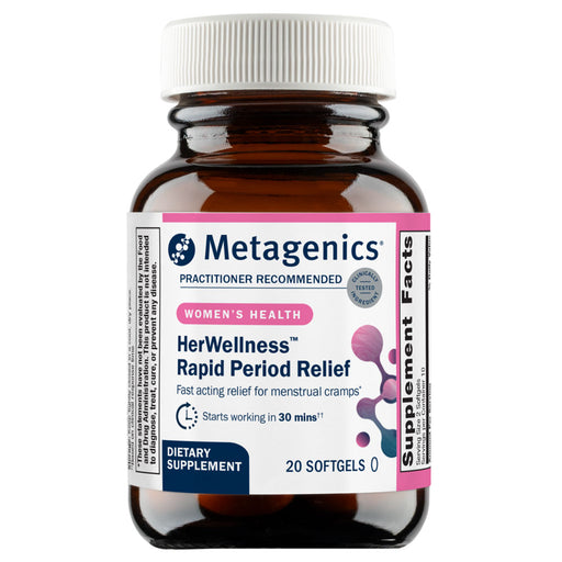 Metagenics Her Wellness Rapid Period Relief supplement bottle on a white background
