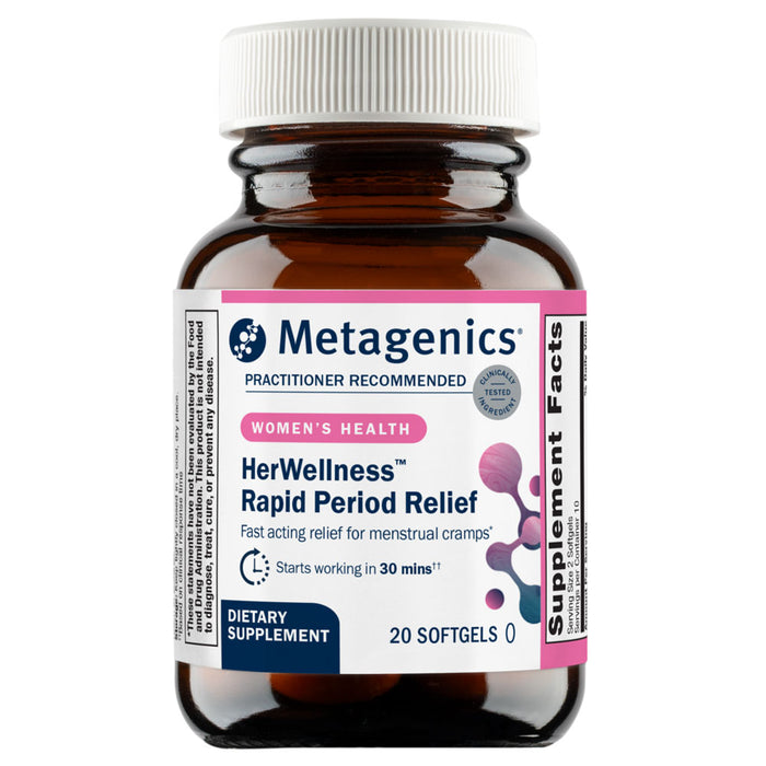 Metagenics Her Wellness Rapid Period Relief supplement bottle on a white background