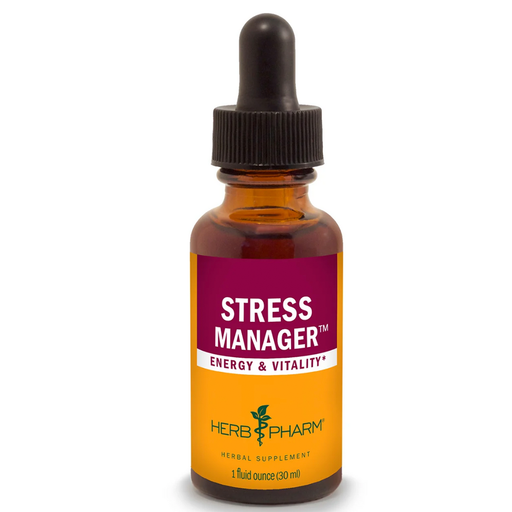 Bottle of Herb Pharm Stress Manager supplement with dropper on a white background