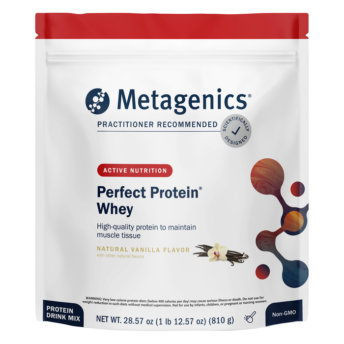 Metagenics Perfect Protein Whey Vanilla package on a white background