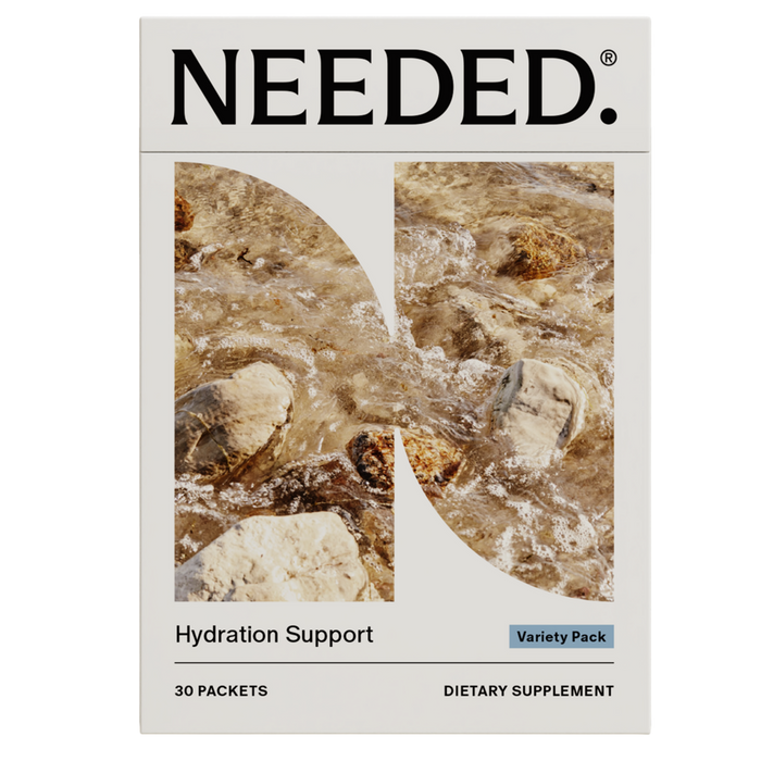 Hydration Support Variety Pack by Needed – Front of bottle showing Sodium, Potassium, and Magnesium electrolyte content per packet"