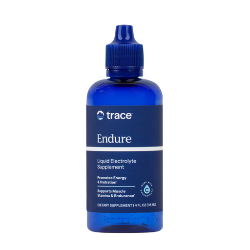 Blue bottle of trace Endure liquid electrolyte supplement on a white background