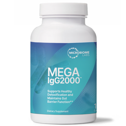 Supplement bottle labeled 'Mega IgG2000' by Microbiome Labs on a white background