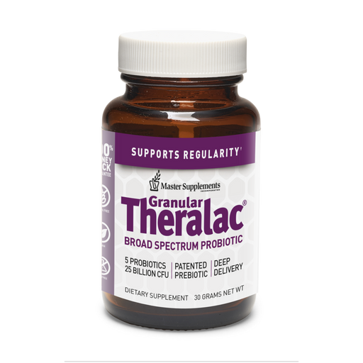 Granular Theralac probiotic supplement bottle on a white background