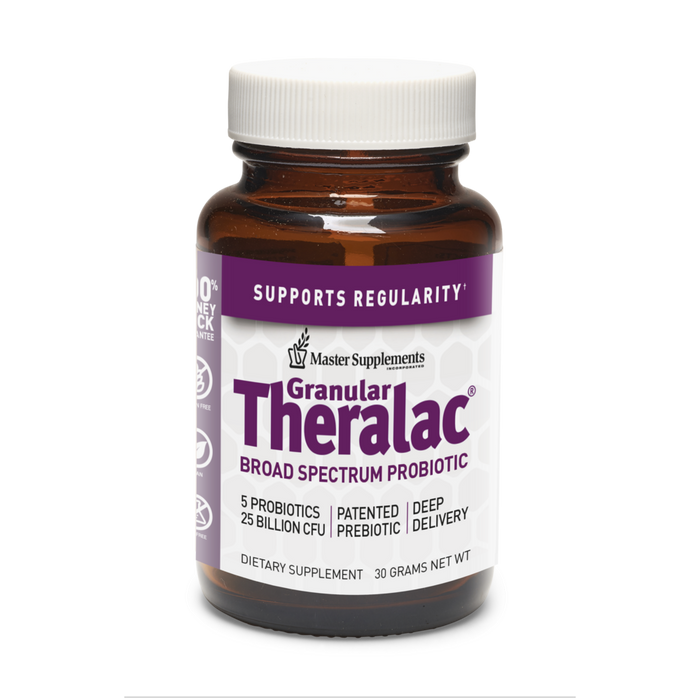 Granular Theralac probiotic supplement bottle on a white background