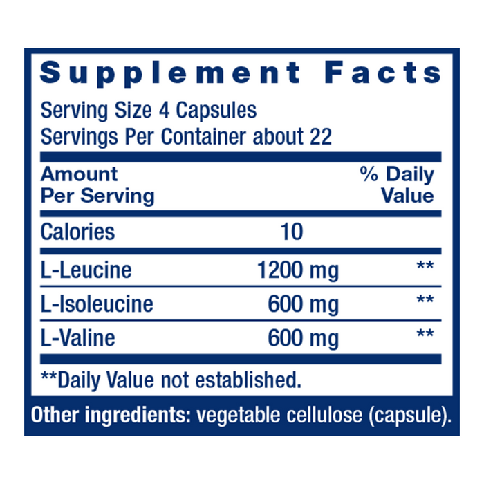 Branched Chain Amino Acids 90 caps Supplement Facts Label
