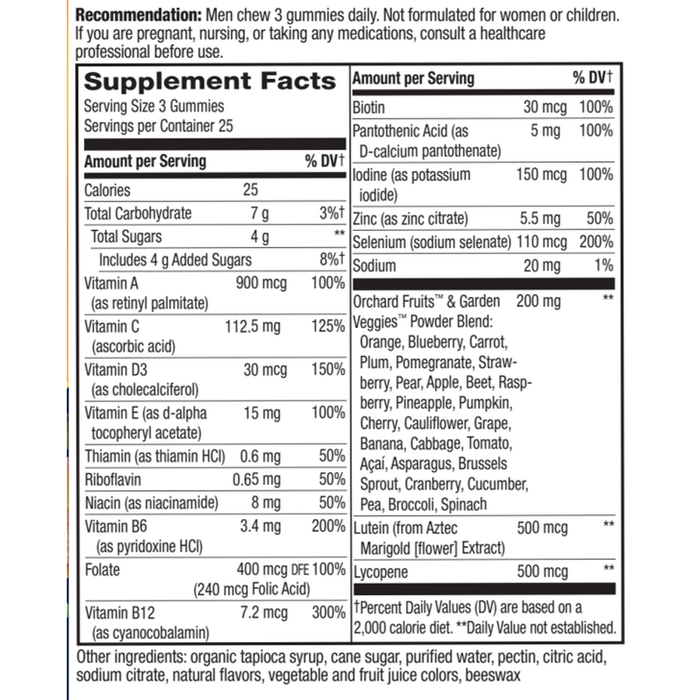 Alive Men's 50+ Premium Gummy Multivitamin 75 gummies Supplement Facts Label