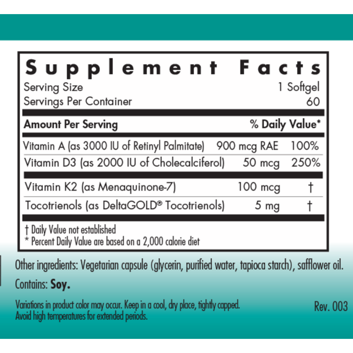 Vitamin D3 Complete Daily Balance with A and K2 60 softgels Supplement Facts Label