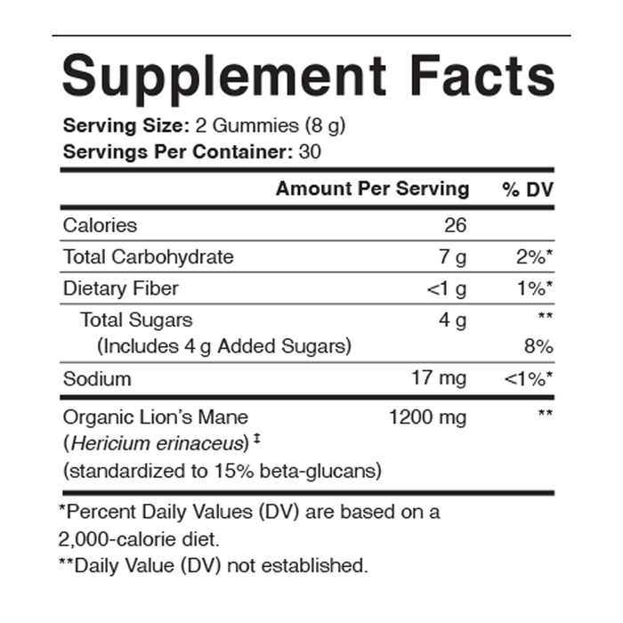 Focus Support Lion's Mane 60 gummies Supplement Facts Label