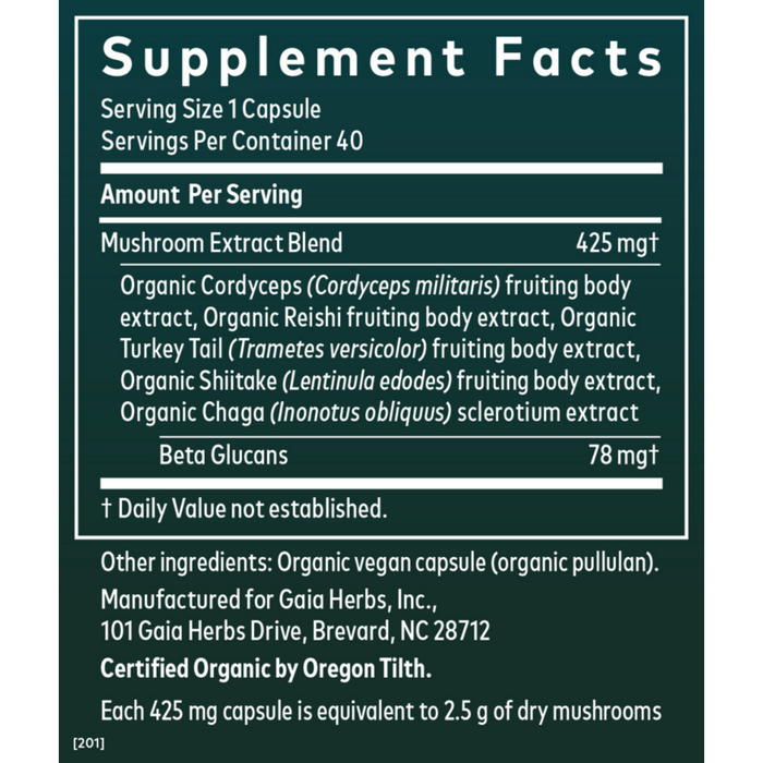 Everyday Mushrooms 40 capsules Supplement Facts Label