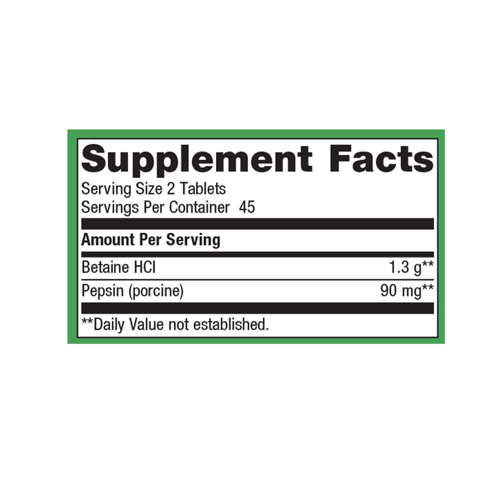 SpectraZyme Betaine HCI + Pepsin 90 tablets Supplement Facts Label