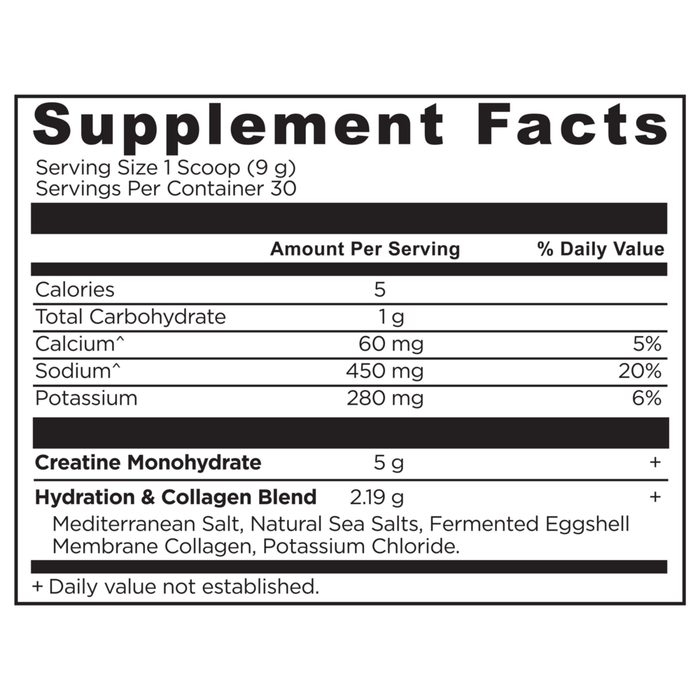 Creatine + Collagen + Electrolytes Lemon 30 servings Supplement Facts Label