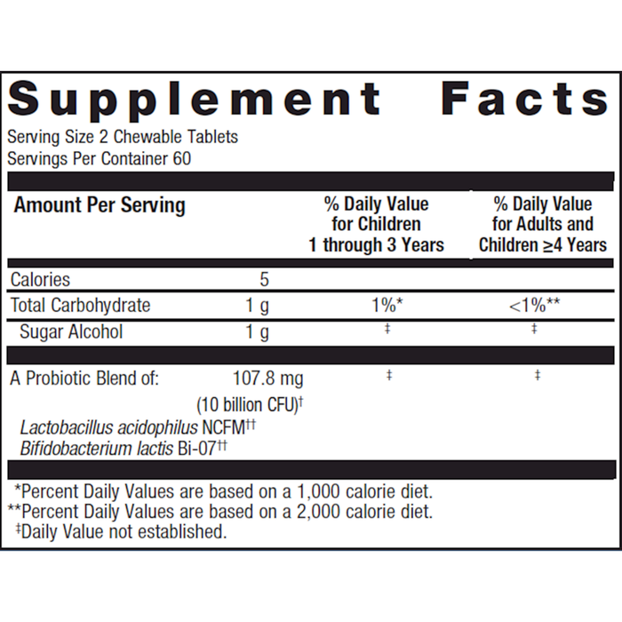 UltraFlora Kids Probiotic 120 chewable tablets Supplement Facts Label