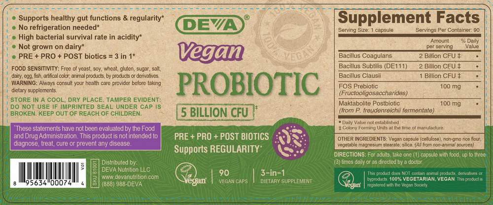 Vegan Probiotic with Probiotics/Postbiotics 90 Capsules by Deva Nutrition