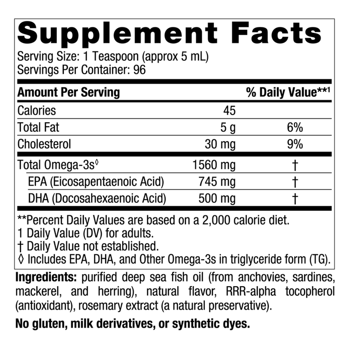 Omega-3 Lemon 16 fluid ounces Supplement Facts Label