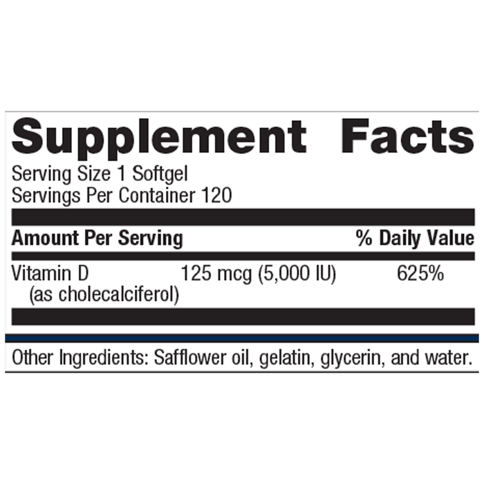 Vitamin D3 5000 120 softgels Supplement Facts Label
