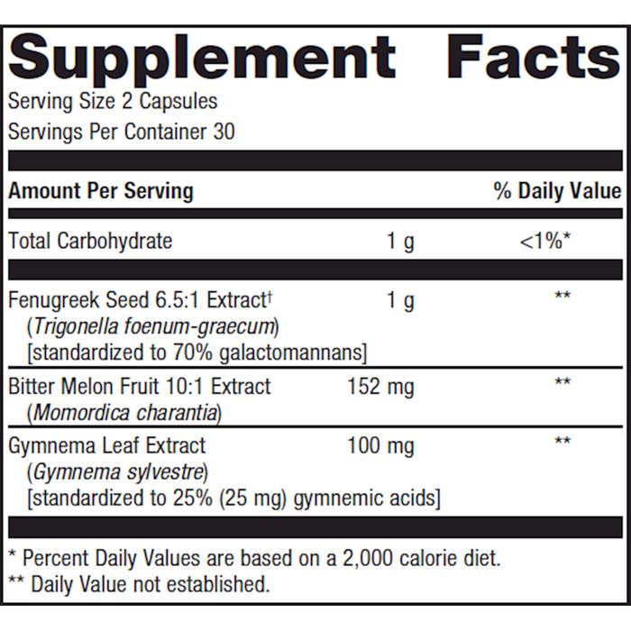 Supplement Facts label for Fenugreek Plus 60 Capsules by Metagenics