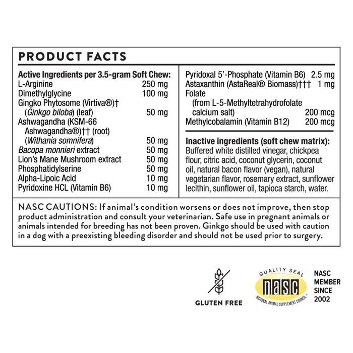 Canine Cognitive Support 90 soft chews Product Facts Label