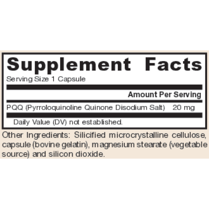 Supplement Facts label for PQQ 20 mg by Jarrow Formulas