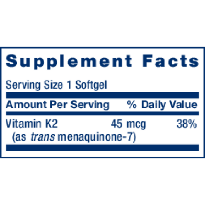 Low-Dose Vitamin K2 (MK-7) 90 softgels Supplement Facts Label