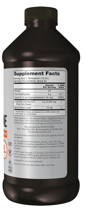 NOW, Liquid L-Carnitine 3000 mg 16 fl oz, back