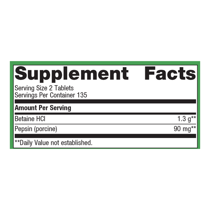SpectraZyme Betaine HCI + Pepsin 270 tablets Supplement Facts