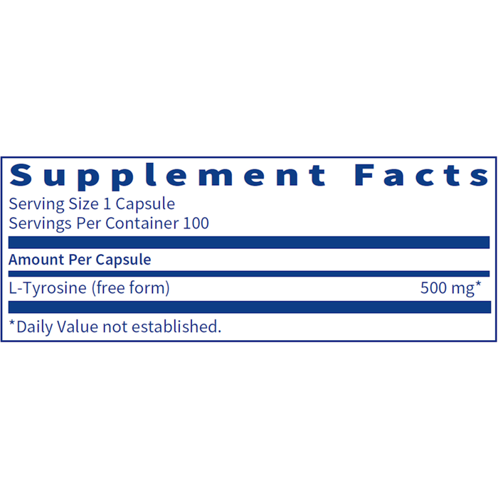 L-Tyrosine 500 mg 100 caps Supplement Facts Label