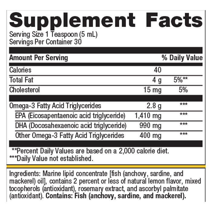 OmegaGenics Fish Oil EPA-DHA Liquid 2400 mg Lemon 150 mL Supplement Facts Label