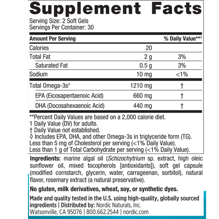Ultimate Omega Plant Based 60 softgels Supplement Facts Label