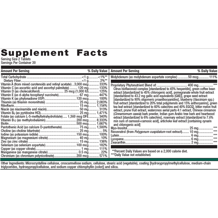PhytoMulti Multivitamin 60 tablets Supplement Facts Label