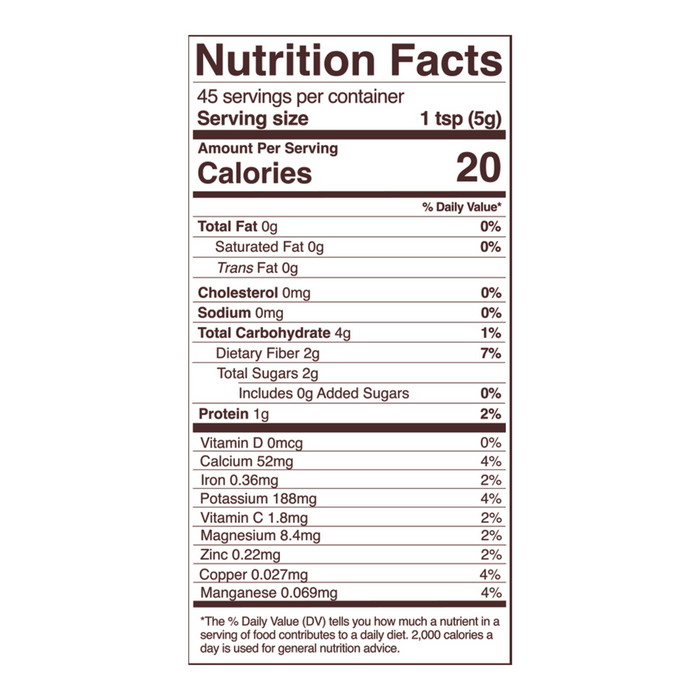 Maca Root Powder 8 oz Nutrition Facts Label