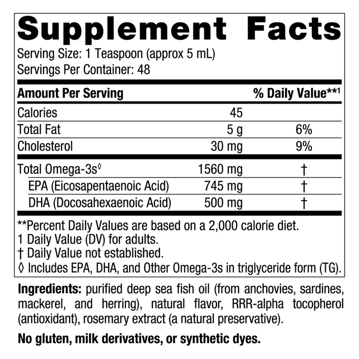 Omega-3 Lemon 8 fluid ounces Supplement Facts Label