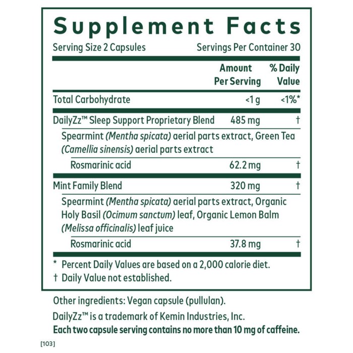 Somni-Mint Rosmarinic Complex 60 caps Supplement Facts Label