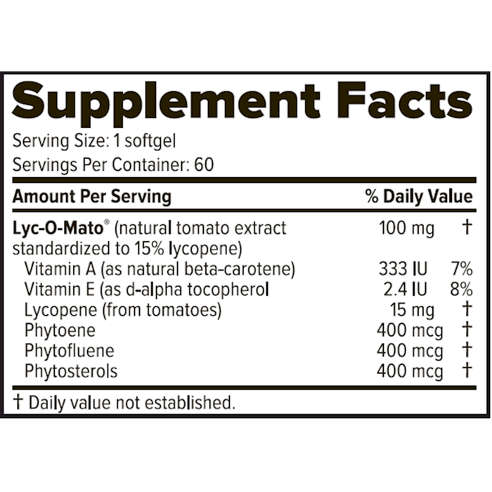 LycoCell 60 softgels Supplement Facts Label