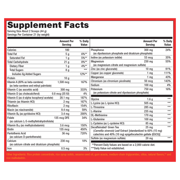 Nutritional supplement facts label with detailed information on a white background