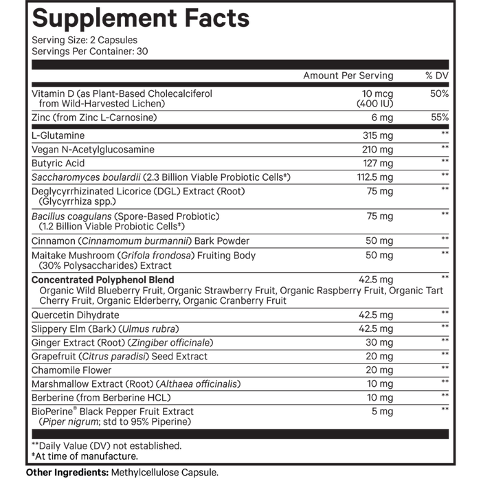 Leaky Gut Formula 60 caps Supplement Facts Label