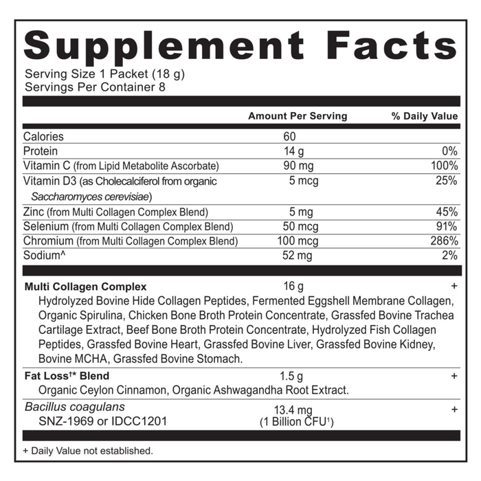 Multi Collagen Advanced Lean Cinnamon 8 servings Supplement Facts Label