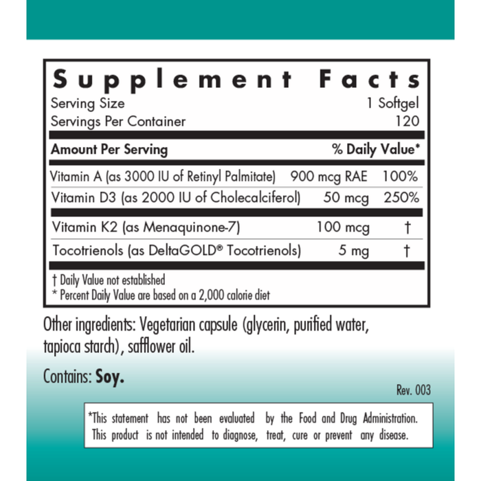Vitamin D3 Complete Daily Balance with A and K2 120 softgels Supplement Facts Label
