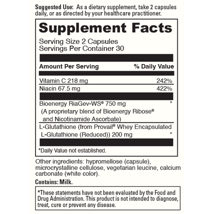 NAD+ Activate with Glutathione 60 caps Supplement Facts Label
