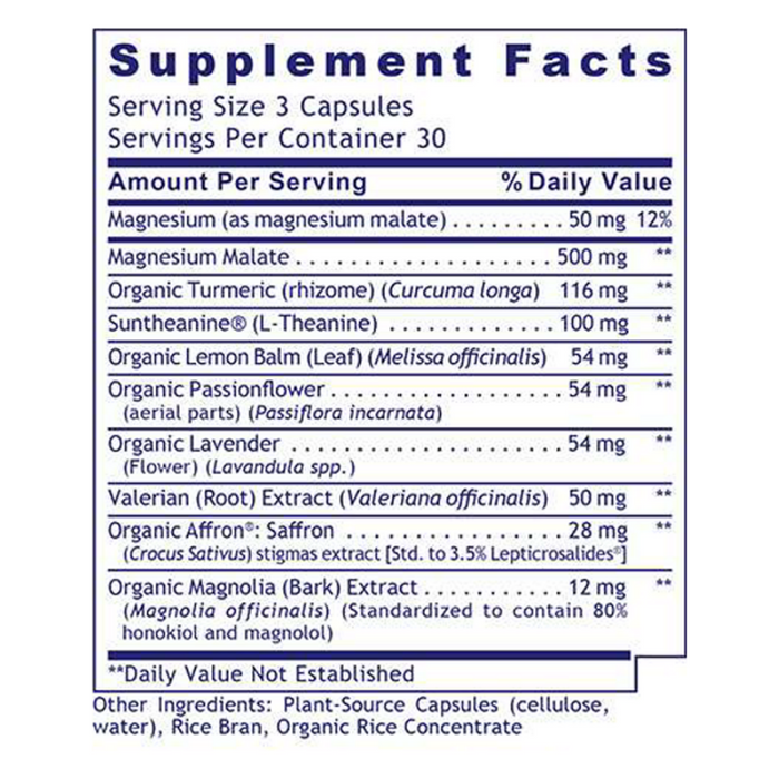 Tranquinol 90 capsules Supplement Facts Label