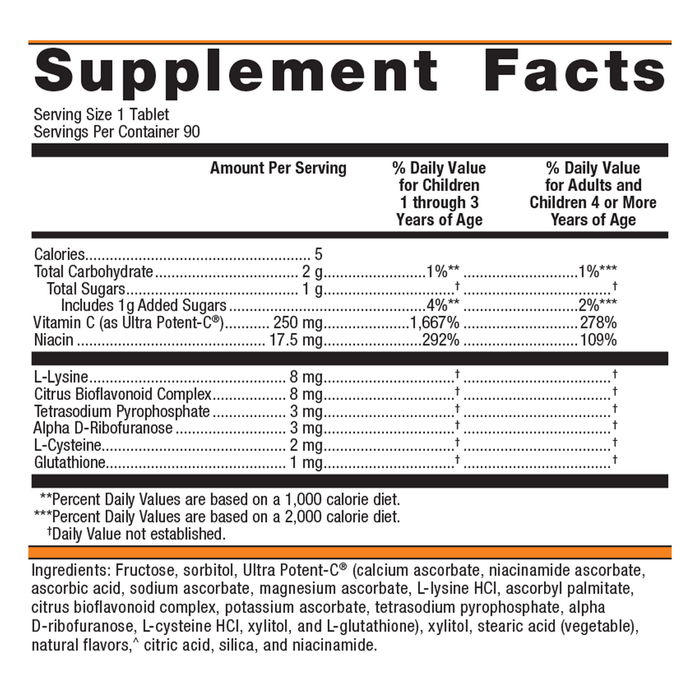 Ultra Potent-C Vitamin C 90 Chewable Tablets Supplement Facts Label