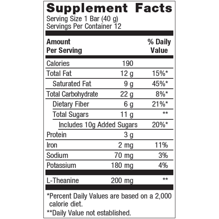 Ultra Calm Bar Chocolate Coconut 12 Bars Supplement Facts Label