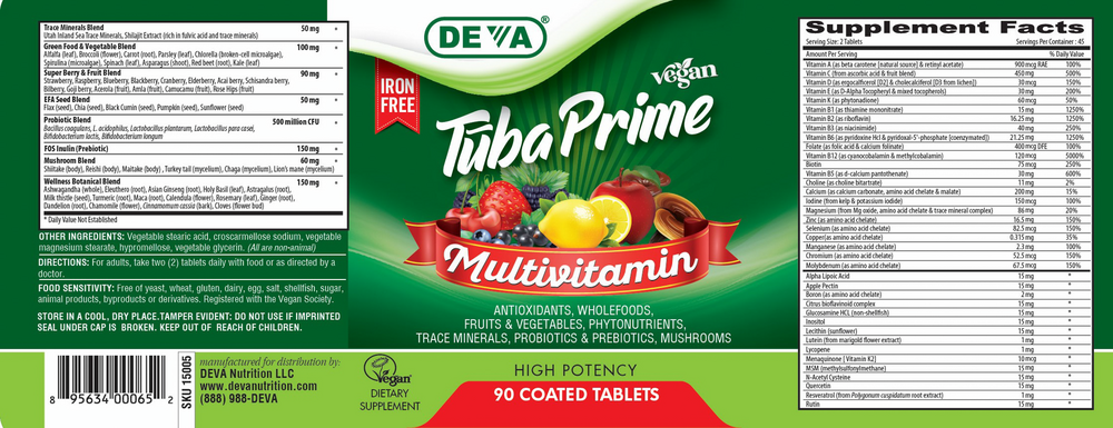 Vegan Tuba Prime Iron-Free 90 Tablets by Deva Nutrition