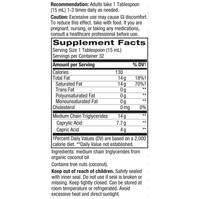 Organic MCT Oil 16 oz Supplement Facts Label