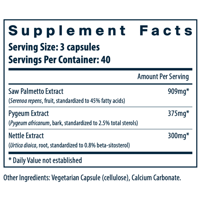 Saw Palmetto Pygeum Nettle Root 120 capsules Supplement Facts Label
