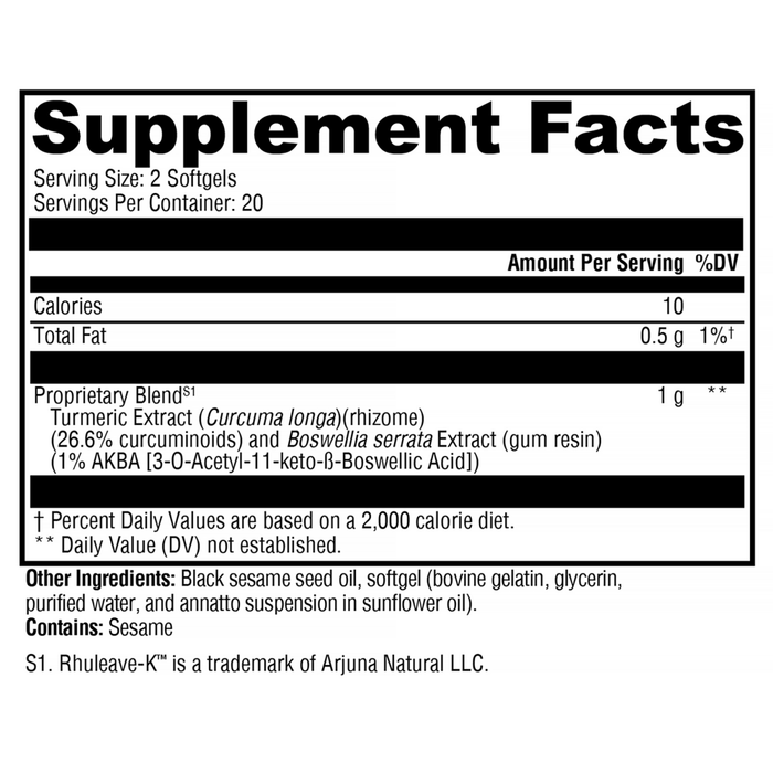 SynovX Relief 40 softgels Supplement Facts Label