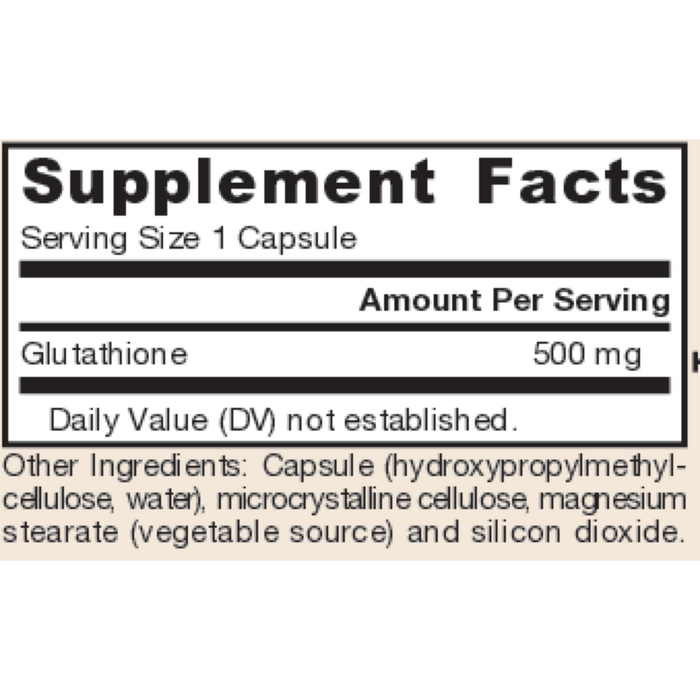 Glutathione Reduced 500 mg 60 capsules Supplement Facts Label